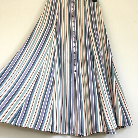 Anthropologie Maeve Satin Purple Green striped Button Front A-line Midi Skirt - Picture 1 of 16